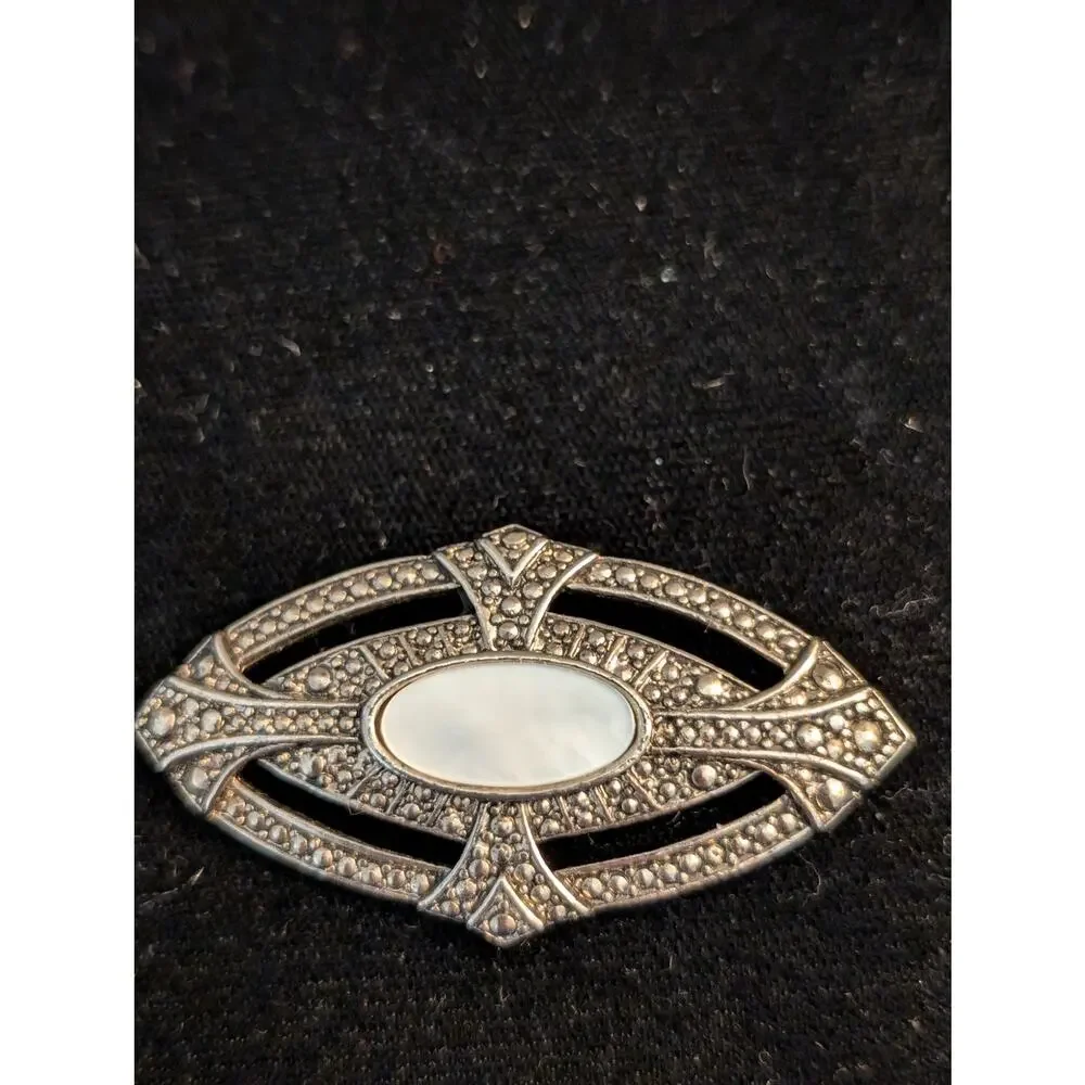 Art Deco Mother of Pearl Silver Tone Marcasite Look Brooch